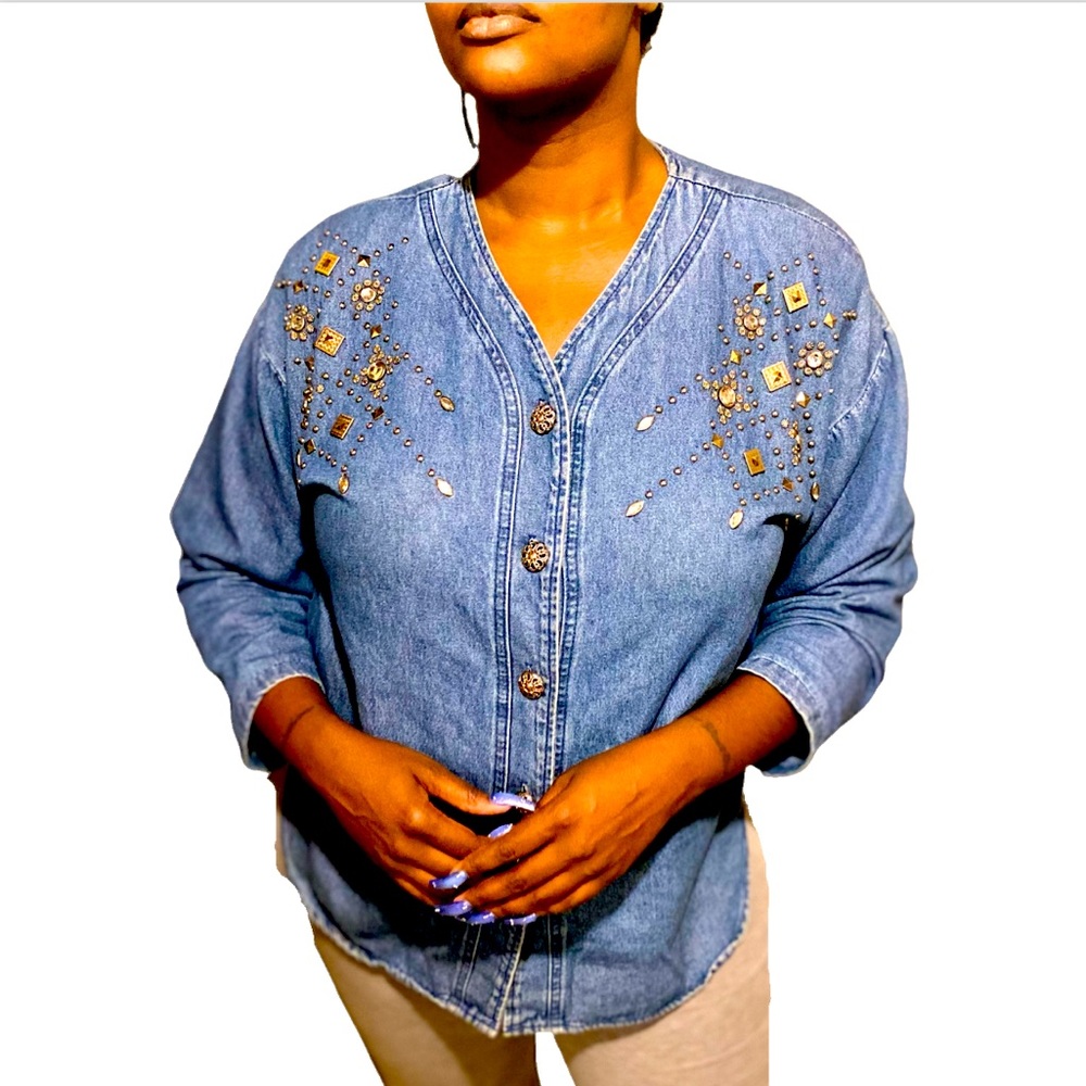 Women’s 1980s Denim Silver Studded Button Up Top Sz. L
